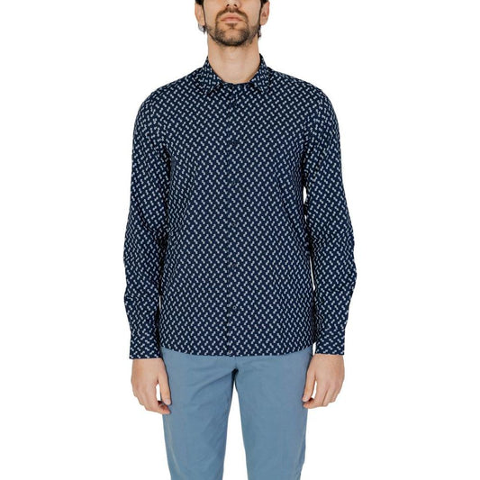 Men's Antony Morato blue viscose shirt, long sleeve, spring/summer collection, featuring a patterned design.
