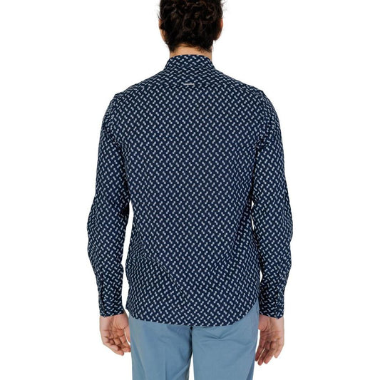 Back view of Antony Morato blue viscose long sleeve men's shirt for spring/summer collection, featuring a pattern design.