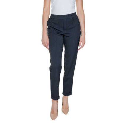 Woman wearing Vero Moda Gray Polyester Casual Pants with straight leg and turned-up hem, showcasing a versatile and modern look.