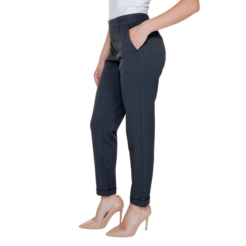 Vero Moda Gray Polyester Casual Pants, side view of woman wearing regular fit gray trousers, showcasing straight legs, modern design.