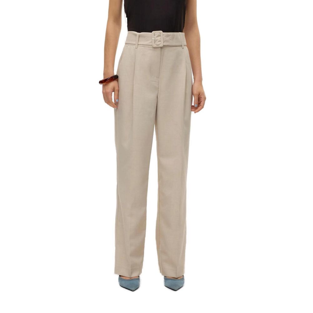 Woman wearing Vero Moda Gray Polyester Casual Pants with high waist and matching belt.