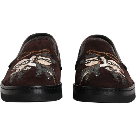 Dolce & Gabbana Brown Suede DG Family Slip On Flats Shoes Dolce & Gabbana Dark Slate Gray