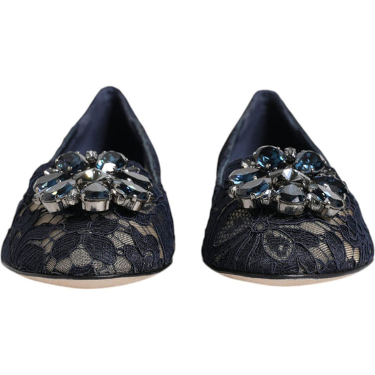 Dolce & Gabbana Blue Taormina Lace Crystals Flats Shoes Dolce & Gabbana Dark Slate Gray