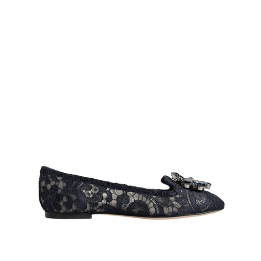 Dolce & Gabbana Blue Taormina Lace Crystals Flats Shoes