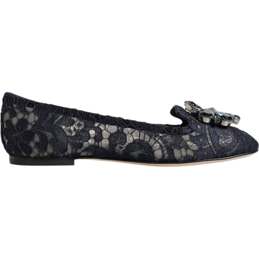 Dolce & Gabbana Blue Taormina Lace Crystals Flats Shoes Dolce & Gabbana Dark Slate Gray