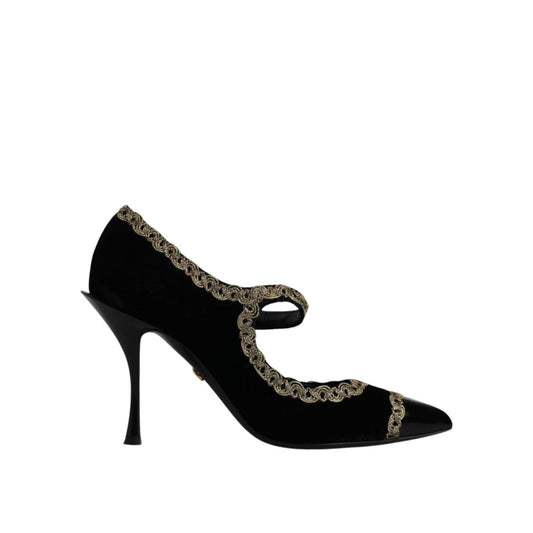 Dolce & Gabbana Black Velvet Gold Mary Janes Pumps Shoes