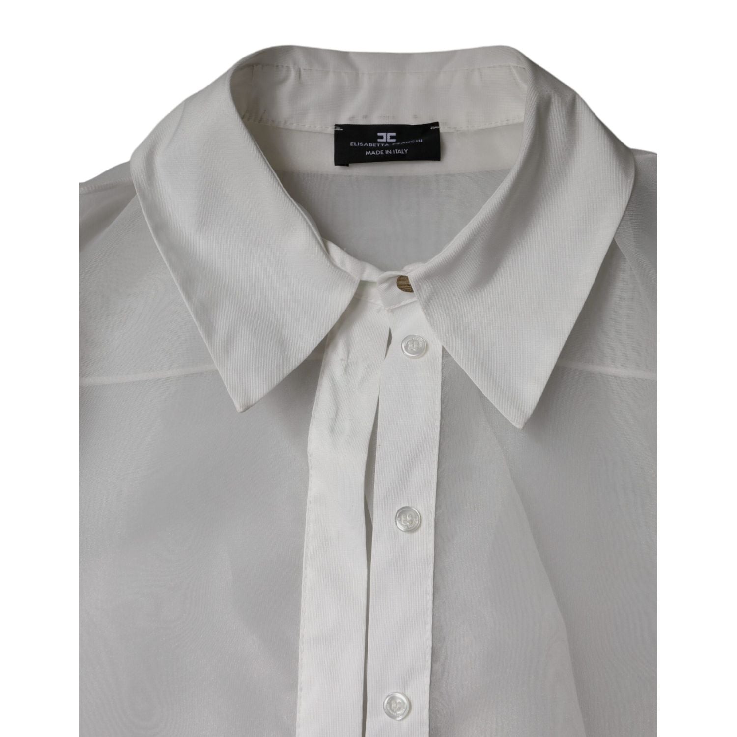 Elisabetta Franchi White Sheer Collared Buttoned Long Sleeves Top