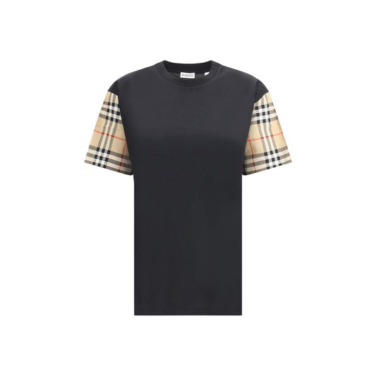 Burberry Black Cotton T-Shirt with Archivio Check sleeves, stylish contrast in design.