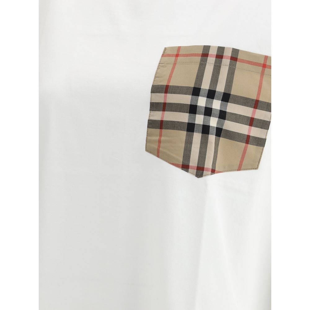 Burberry White Cotton T-Shirt with Archive Check pocket and monochrome pattern, ribbed crew neck, 100% cotton, oversize fit.