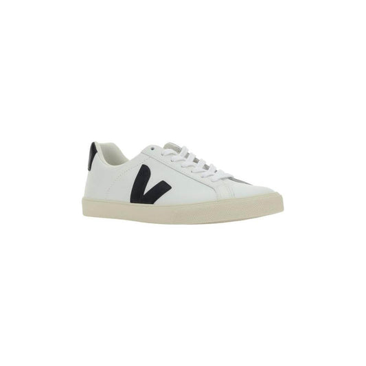 Veja Esplar Sneakers in white calfskin with black logo, round toe, lace-up closure, iconic side patch, brand details on tongue and heel.