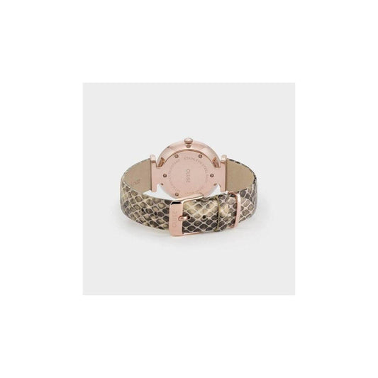 Back view of Cluse beige leather watch with pink stainless steel case and mineral glass, featuring a buckle closure and quartz mechanism.