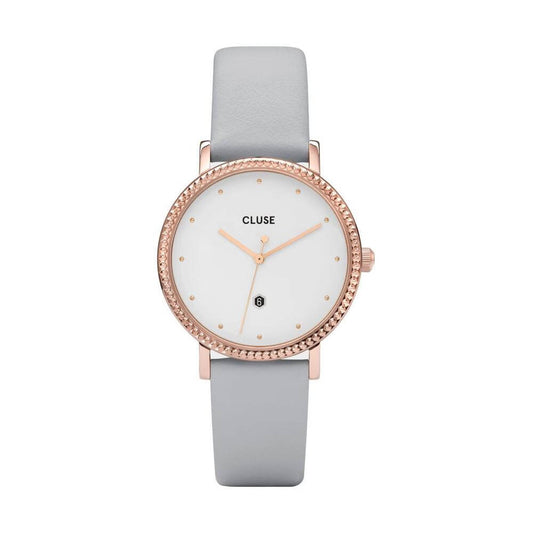 Cluse gray leather watch with stainless steel pink case, white dial, and mineral glass; analog quartz movement, 3 ATM water resistance.