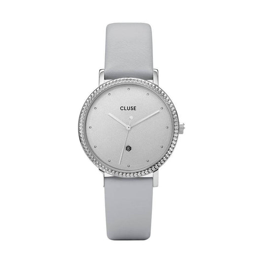 Cluse quartz analog watch with gray leather strap, silver stainless steel case, gray dial, mineral glass, and buckle closure.