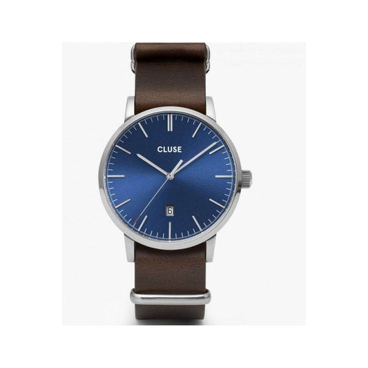 Cluse watch with blue dial, brown leather strap, quartz mechanism, and silver stainless steel case.