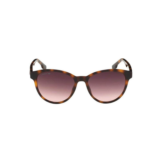 Lacoste brown injected cat-eye sunglasses for women with gradient lenses, model L981SRG-240, 54/17/145mm, category 3 UV protection.