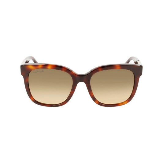Lacoste brown acetate women's sunglasses, model L970S-230 with 55/19/140mm dimensions, featuring a filter 3 lens.