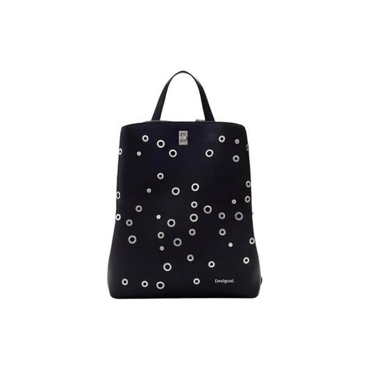 Desigual black backpack with circular patterns, perfect for women, made of polyurethane. Spring/Summer collection.