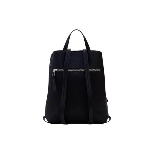 Alt Tag: Desigual black backpack for women, spring/summer collection, made of polyurethane, featuring front zipper and dual straps.