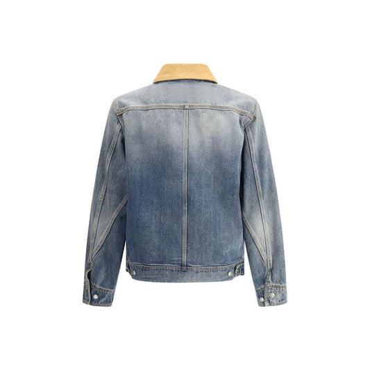 Back view of Alexander McQueen denim jacket with suede collar, showcasing classic and contemporary design elements.