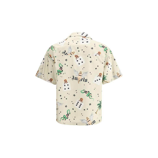 Palm Angels Pin Up Bowling Shirt with retro pin-up and logo print, short sleeves, and classic collar, perfect for stylish streetwear.