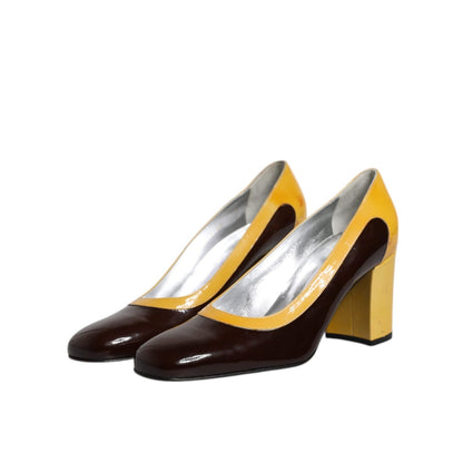 Dolce & Gabbana Yellow Brown Leather Block Heel Pumps Shoes
