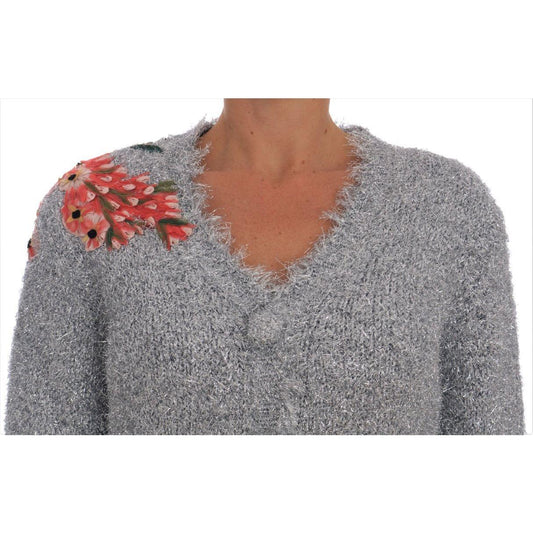 Dolce & Gabbana Elegant Silver Floral Applique Cardigan Dolce & Gabbana Slate Gray