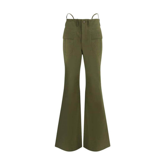 Olive green R13 Flare Pants with flared legs, front cargo patch pockets, button and zipper closure, belt loops for casual style.