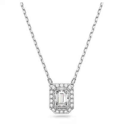 Elegant silver necklace with rectangular crystal pendant on chain