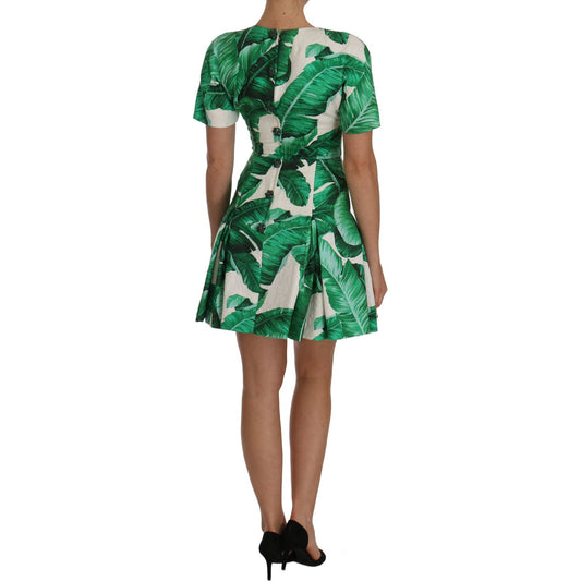 Dolce & Gabbana Elegant Green Banana Leaf Print A-Line Dress Dolce & Gabbana Dark Olive Green