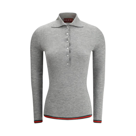 Gucci cashmere polo shirt with ribbed design and iconic colored hem and cuffs.