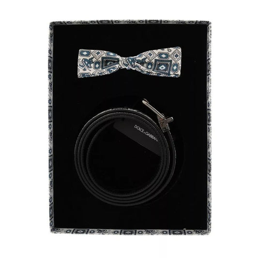 Dolce & Gabbana White Blue Silk Bowtie Leather Belt Gift Box Set