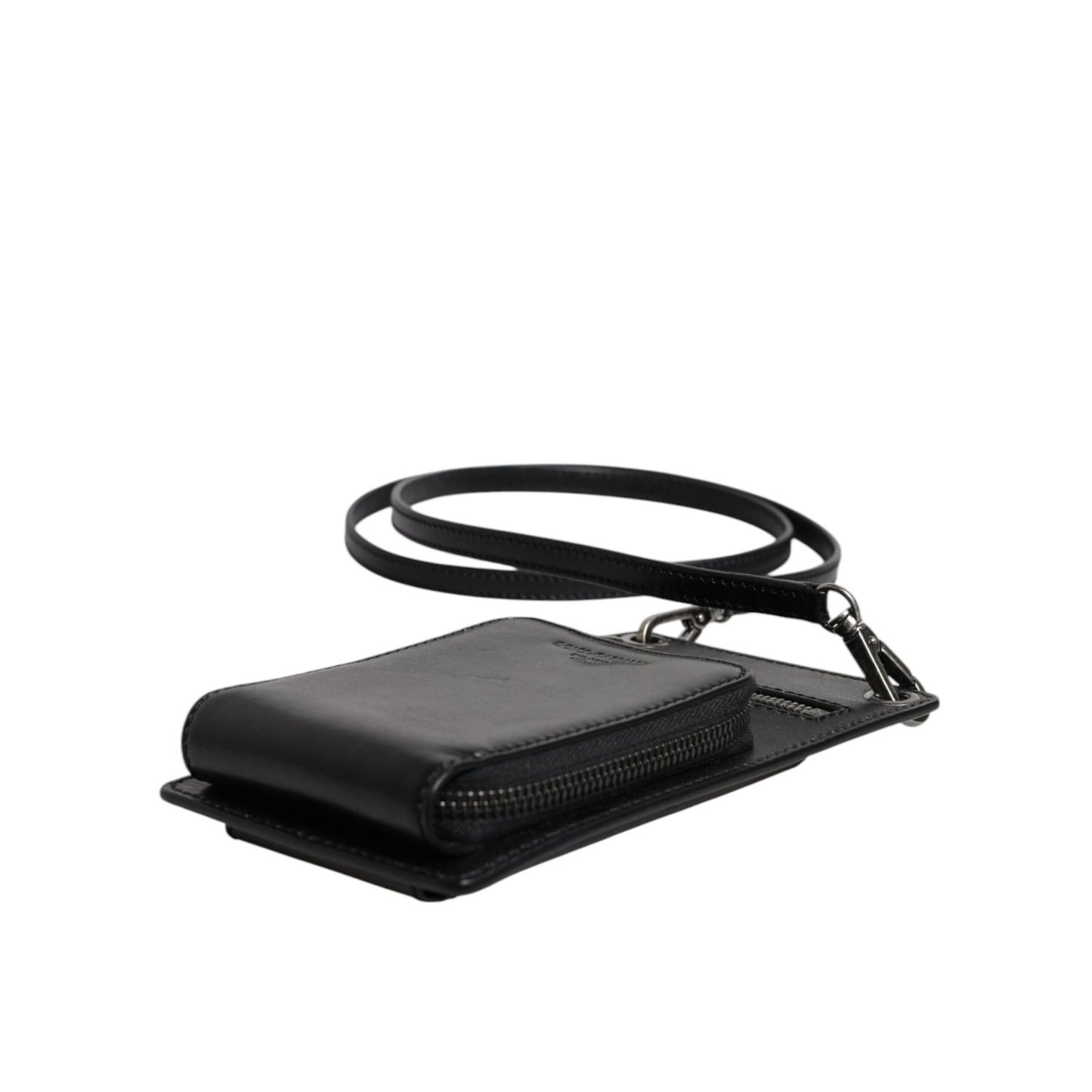 Dolce & Gabbana Black Horse Leather Zip Logo Shoulder Neck Strap Wallet