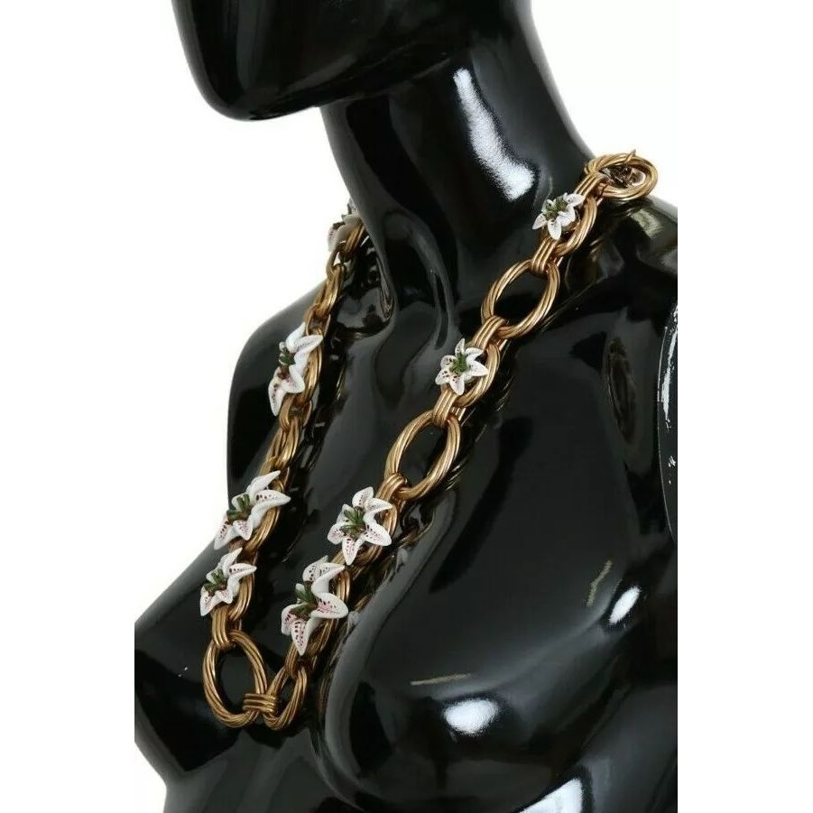 Dolce & Gabbana Gold Brass Oversize Chain LILY Flowers Necklace