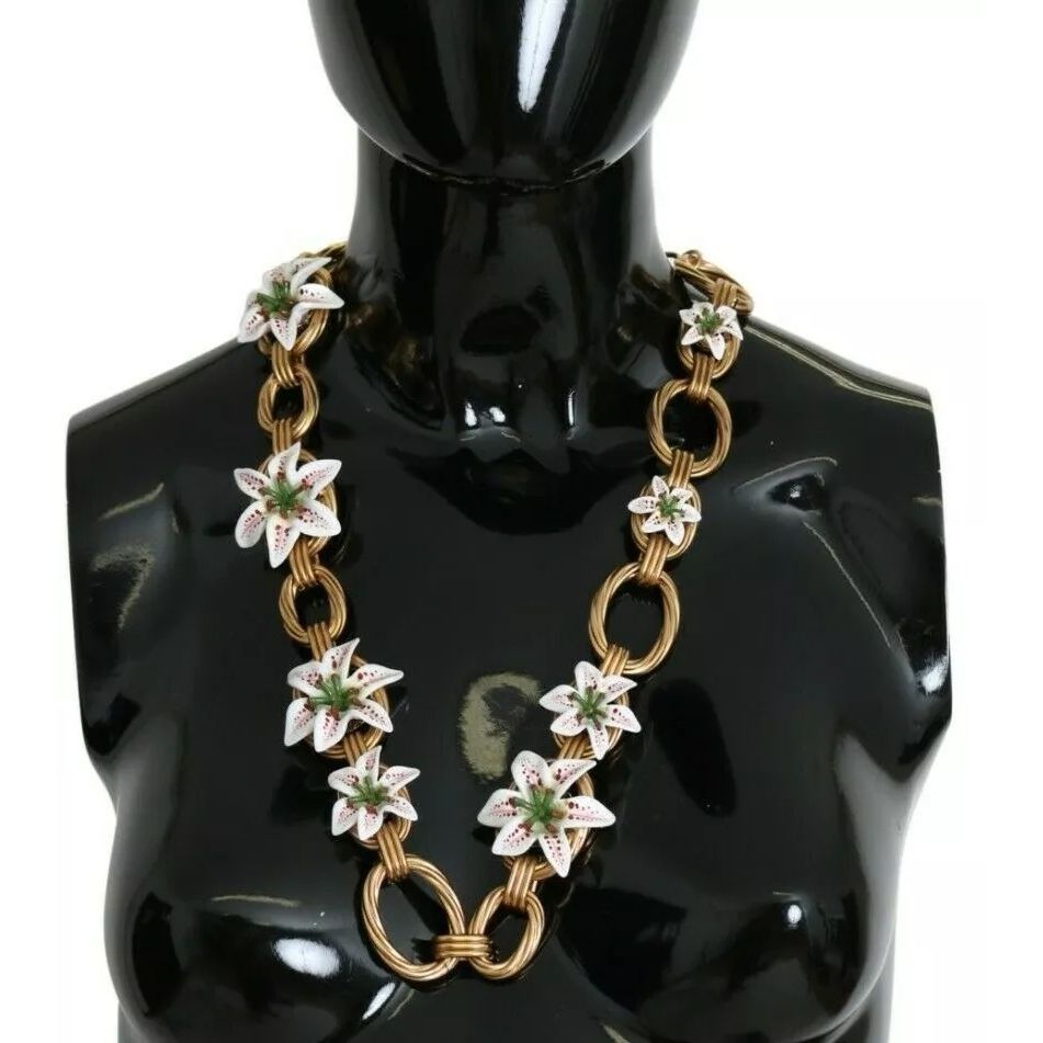 Dolce & Gabbana Gold Brass Oversize Chain LILY Flowers Necklace