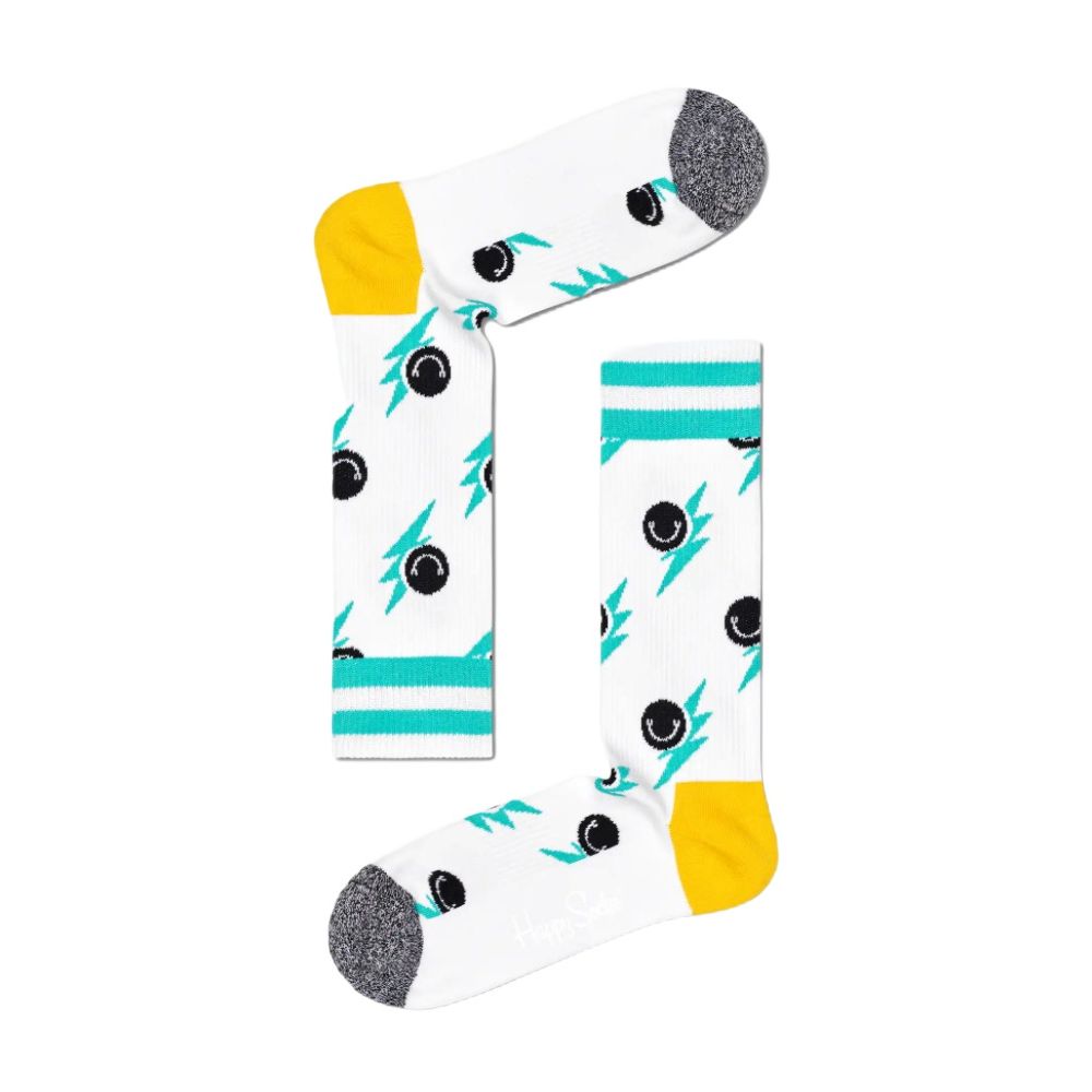 Happy Socks White Cotton Socks with smiley and flash design for women