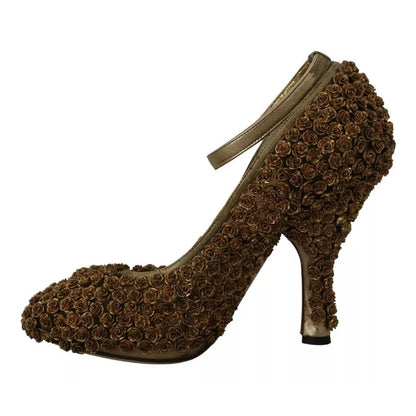 Dolce & Gabbana Gold Roses Embellished Heels Pumps Shoes