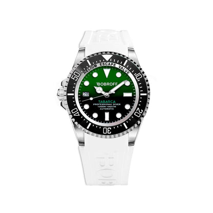 Bobroff White Synthetic Sport Watch with green dial and white silicone band, stainless steel case, automatic mechanism, 44mm diameter.