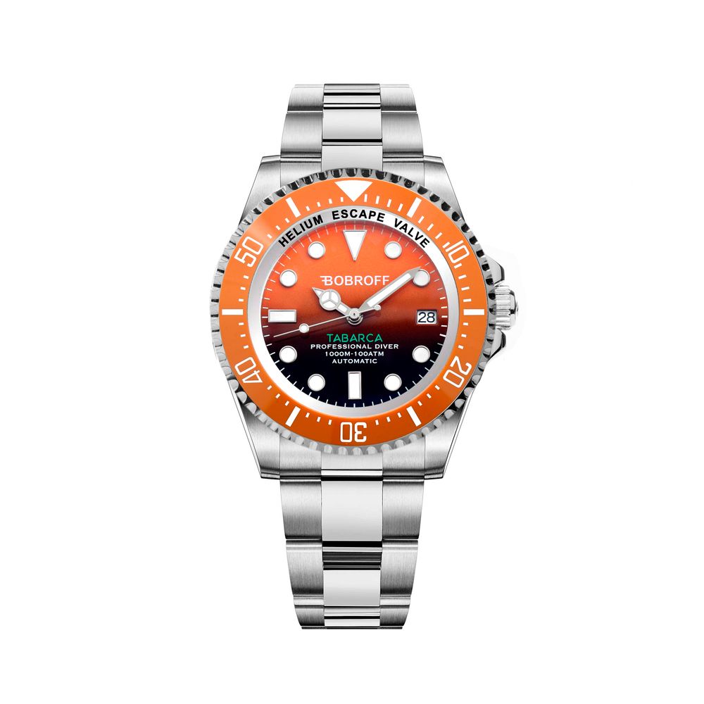 Bobroff Silver Stainless Steel Sport Watch with orange dial, analog display, automatic mechanism, Tabarca collection, 100ATM water resistance.