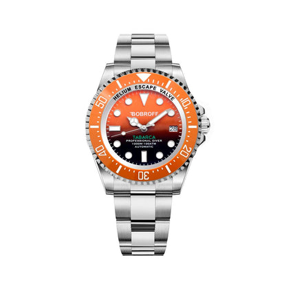 Bobroff Silver Stainless Steel Sport Watch with orange dial, analog display, automatic mechanism, Tabarca collection, 100ATM water resistance.