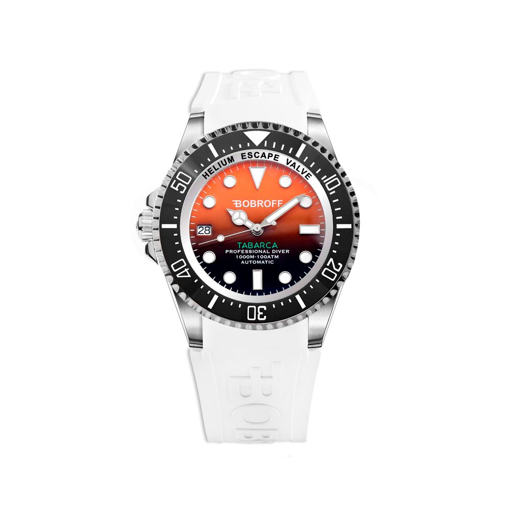 Bobroff White Rubber Sport Watch with orange dial, stainless steel case, 100ATM water resistance, and sapphire glass.
