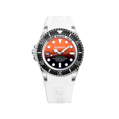 Bobroff White Rubber Sport Watch with orange dial, stainless steel case, 100ATM water resistance, and sapphire glass.