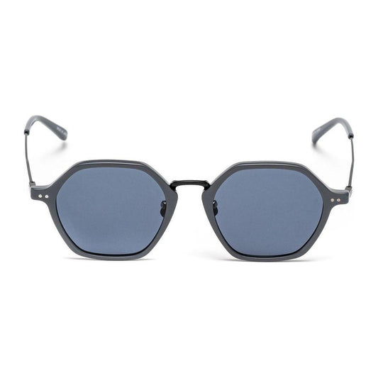 Belstaff gray unisex stainless steel sunglasses with blue lenses and hexagonal frame, handmade in Japan, with UV protection and premium materials.