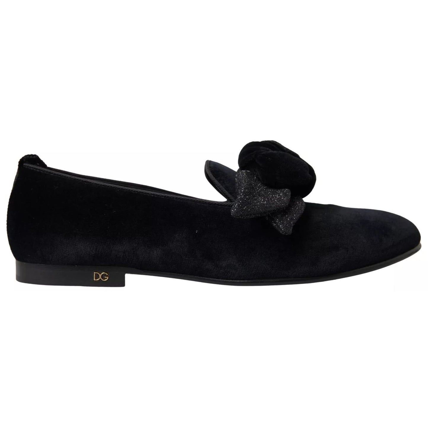 Dolce & Gabbana Black Velvet Flats Bow Young Queen Shoes