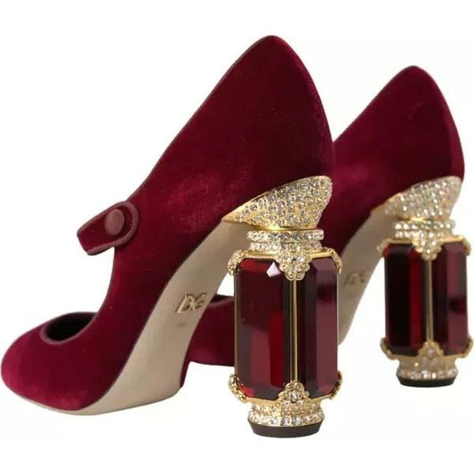 Dolce & Gabbana Red Velvet Gold Crystals Heels Mary Janes Shoes LA10580#2-40