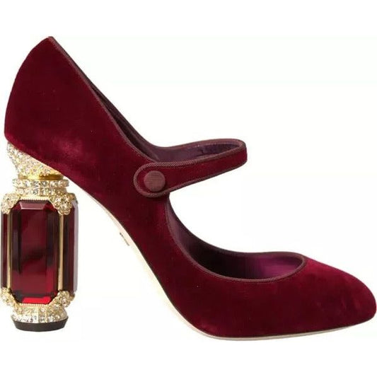 Dolce & Gabbana Red Velvet Gold Crystals Heels Mary Janes Shoes LA10580#2-40