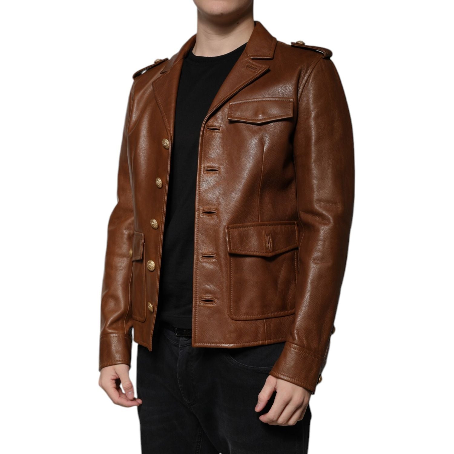 Dolce & Gabbana Brown Calfskin Leather Button Down Jacket