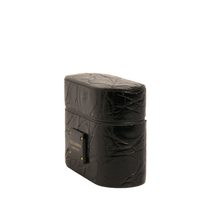 Dolce & Gabbana Black Leather Metal Logo Plaque Holder Airpods Case