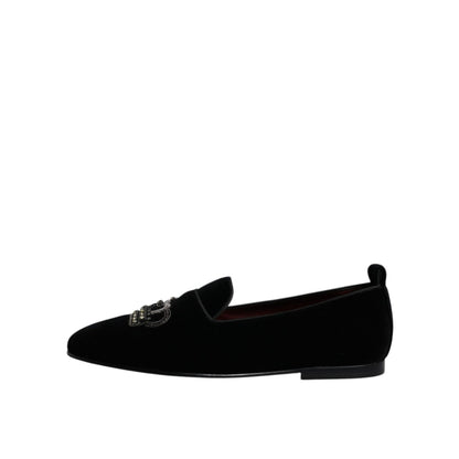 Dolce & Gabbana Black Velvet Crystal Crown Loafers Formal Dress Shoes