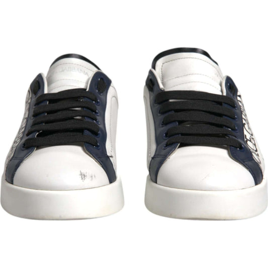 Dolce & Gabbana white blue leather sneakers with crown details, low-top design, and rubber sole. Classic lacing, pre-owned condition.