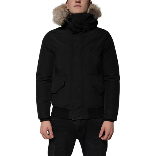 Woolrich Black Hooded Long Sleeves Fur Shearling Coat Jacket
